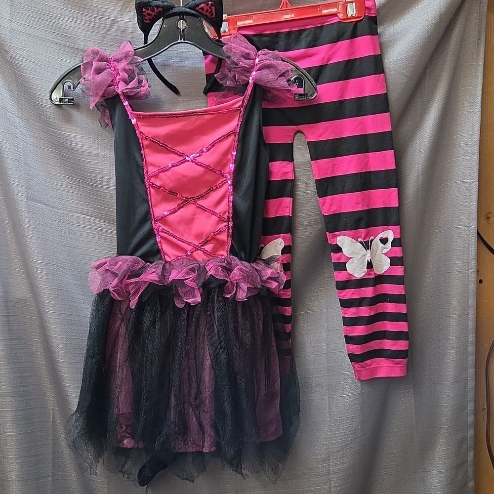 CHILD'S CAT KITTY HALLOWEEN COSTUME DRESS WITH TAIL,‎ EARS, TIGHTS SZ 8-10